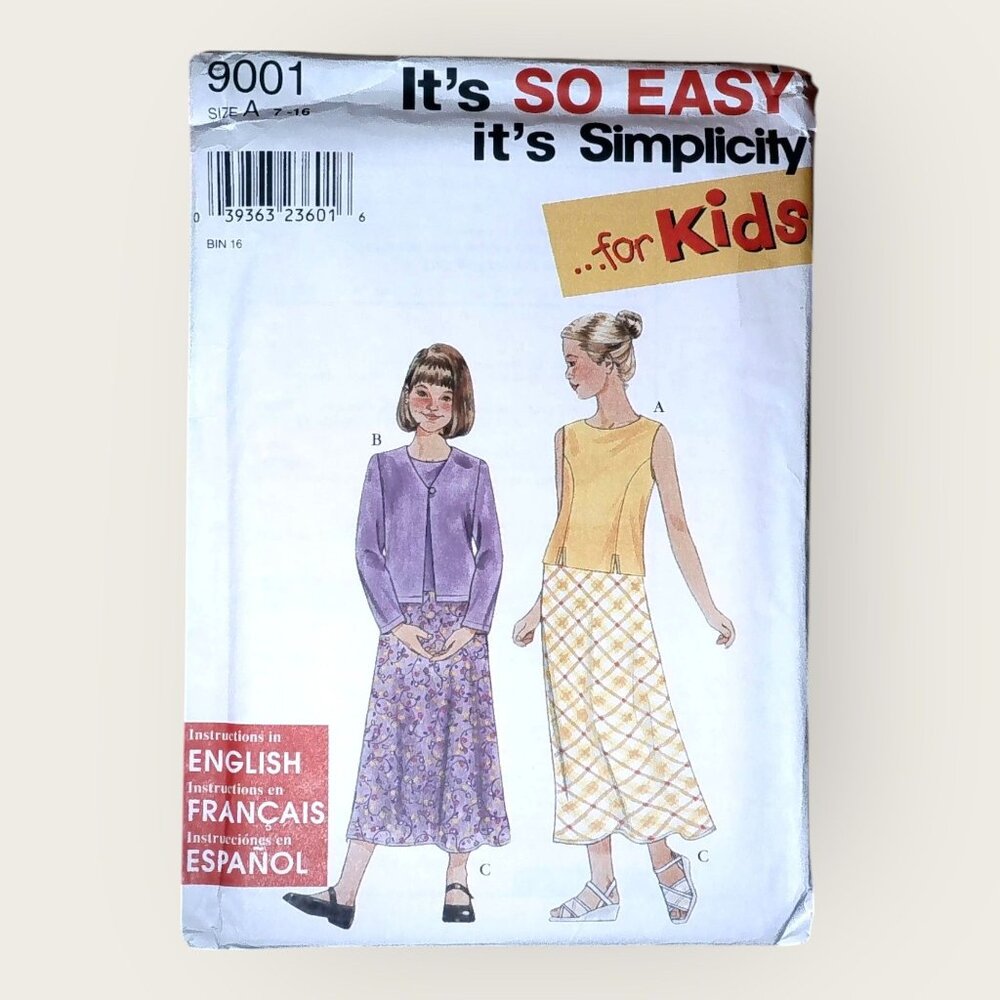 Vintage 1990s Simplicity Sewing Pattern 9001 Girls Top Jacket Skirt Size 7-16
